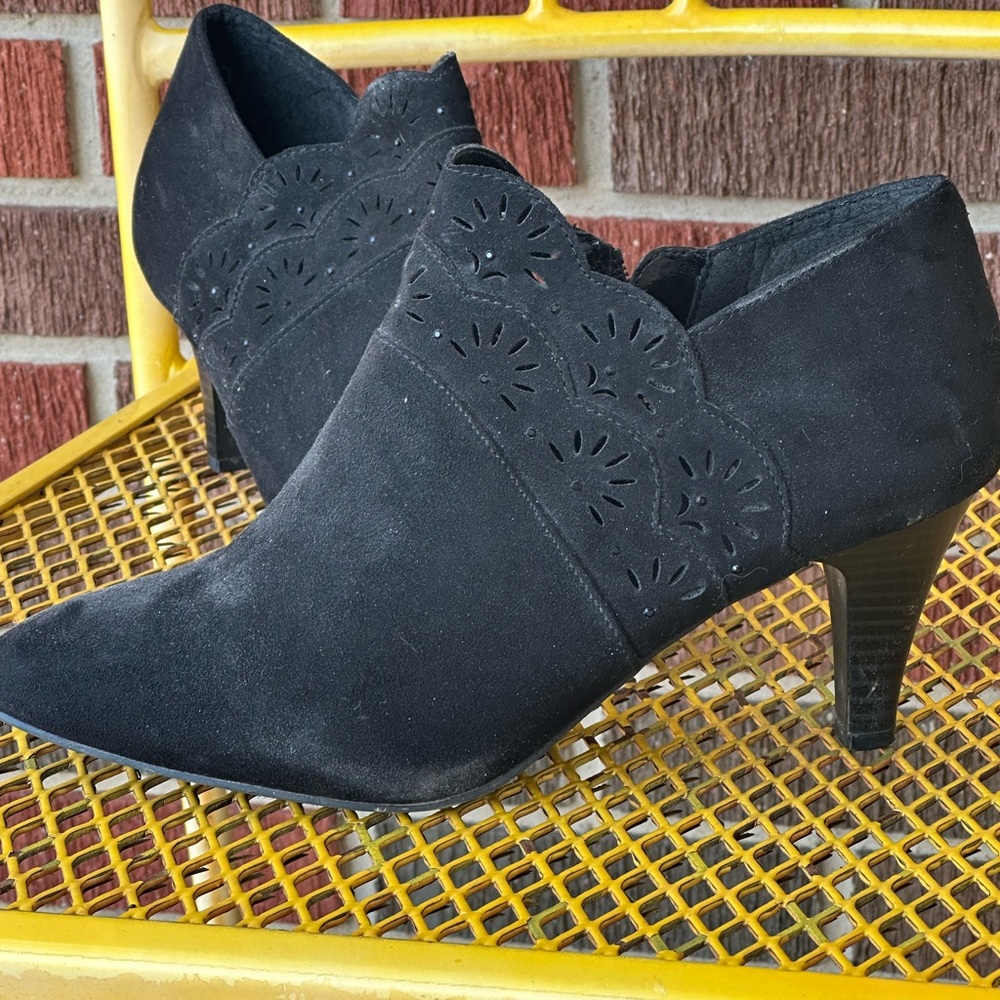 Black, suede, heeled dress booties